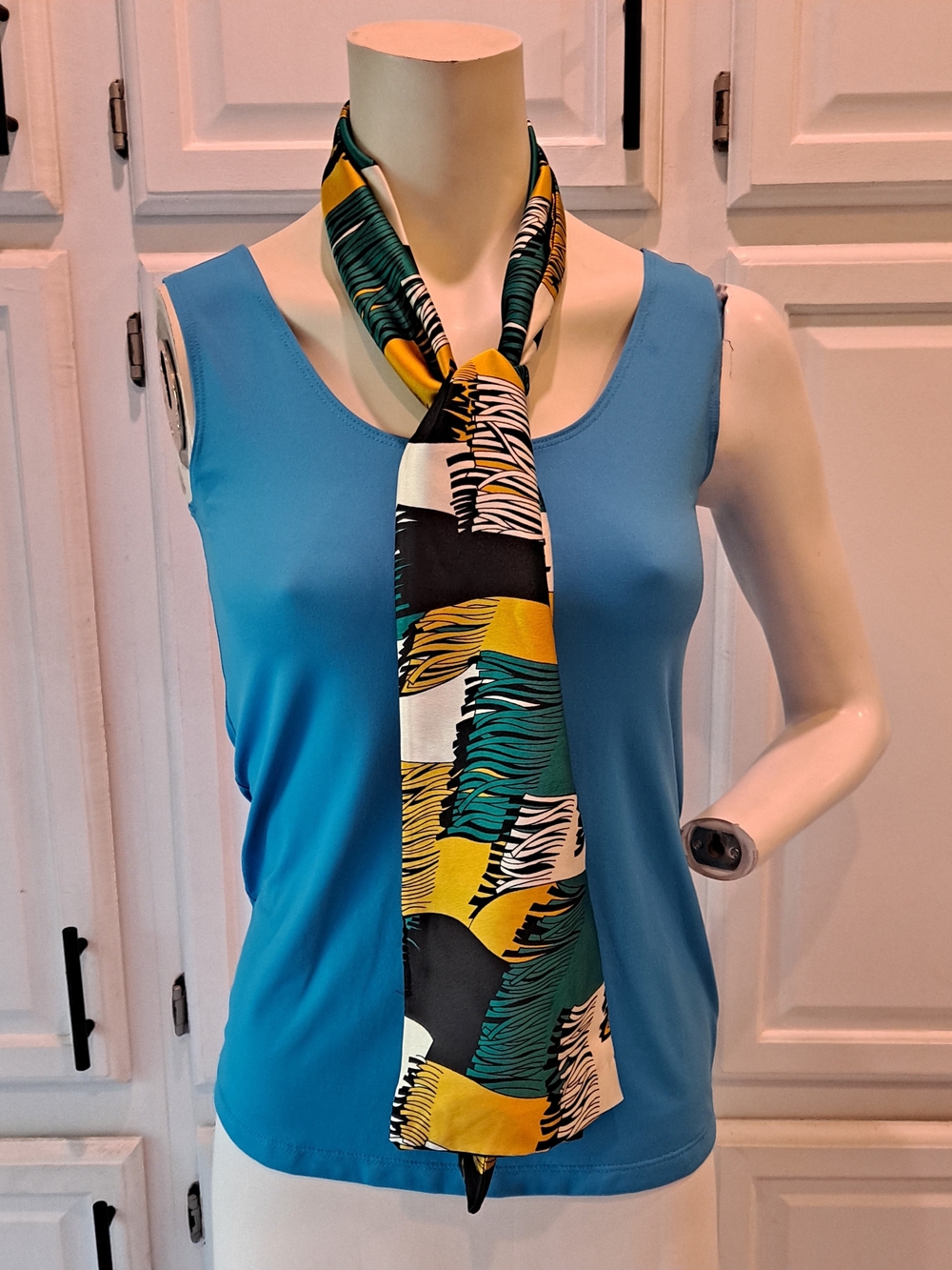 Abstract Print Neck or Head Scarf Or Belt Teal Yellow Black Cream Retro Mod Chic